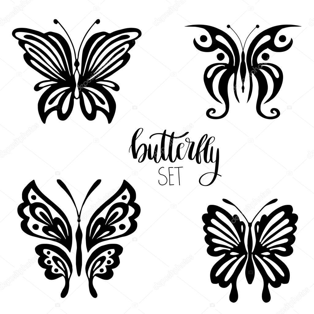 Set of black butterflies silhouettes isolated on white background. Vector illustration can be used for tattoo, logo, web, print design, logotype and branding.