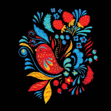 Parlak nakış çiçekler, berrias ve kuş. Tshirt veya tote çanta etnik moda tasarımı
