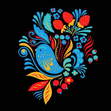 Parlak nakış çiçekler, berrias ve kuş. Tshirt veya tote çanta etnik moda tasarımı