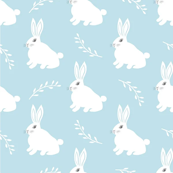 Padrão de lebre sem costura. Um coelhinho giro com um fundo azul. Design de vetor de coelho bonito para tecido e decoração —  Vetores de Stock