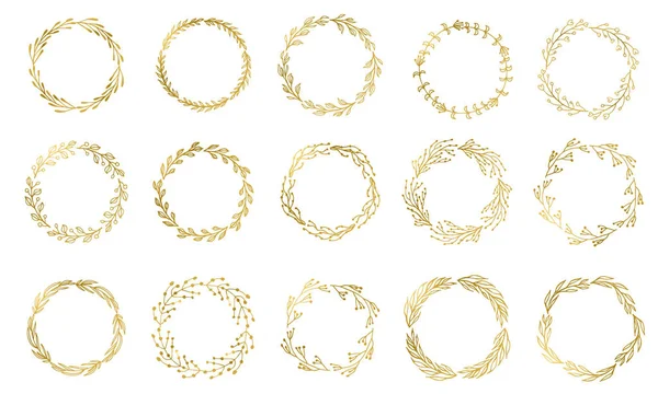 Set of 15 Handdrawn ink painted gold floral wreaths and laurels. Vintage vector golden elements for wedding, holiday and greeting cards, web, prind scrapbooking design and other. — Stock Vector