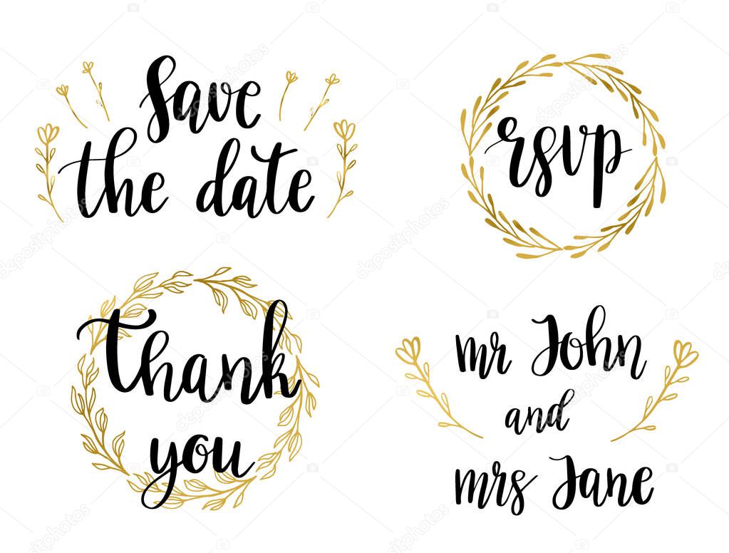 Wedding Set of lettering quotes and phrases. Vector illustration of black text in golden wreaths.