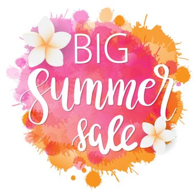 Tropik çiçekler büyük yaz satış yazı alıntı suluboya taklit zemin üzerine illüstrasyon vektör. Afiş, poster, web ve baskı tasarımı.