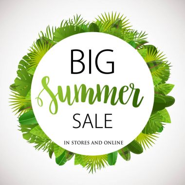 Daire çerçeve tasarım çiçek tropikal palmiye yaprakları ve metin büyük yaz satış ile dekore edilmiştir. Vektör çizim.