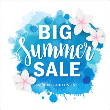 Tropik çiçekler büyük yaz satış yazı alıntı suluboya taklit zemin üzerine illüstrasyon vektör. Afiş, poster, web ve baskı tasarımı.