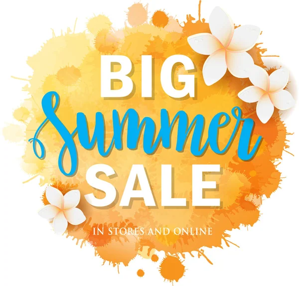 Ilustração de vetor de flores tropicais em fundo de imitação aquarela com Big Summer Sale lettering quote. Banner, cartaz, web e design de impressão . — Vetor de Stock