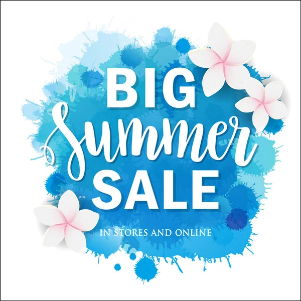 Tropik çiçekler büyük yaz satış yazı alıntı suluboya taklit zemin üzerine illüstrasyon vektör. Afiş, poster, web ve baskı tasarımı.