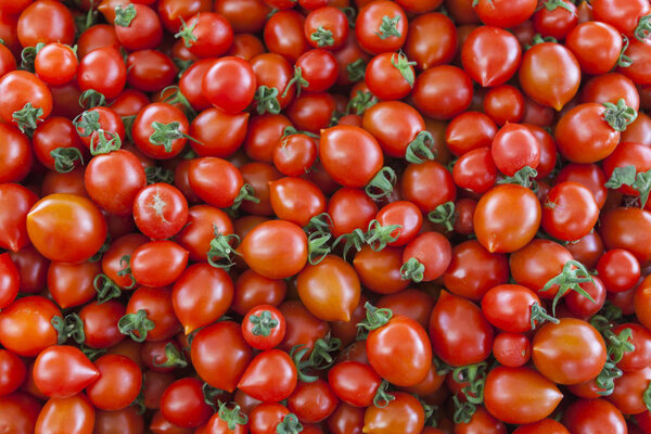 Village market organic tomatoes. Qualitative background from tomatoes. Fresh tomatoes. Red tomatoes.