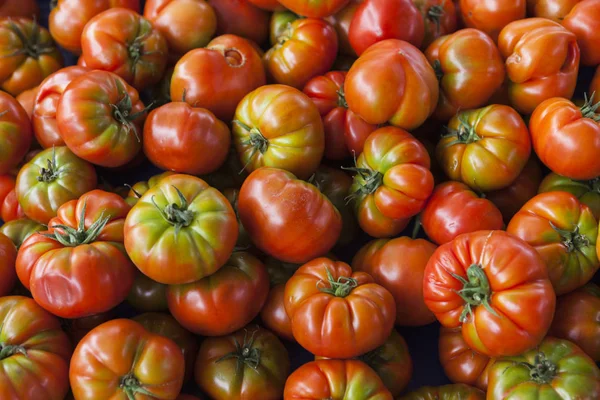 Tomates frescos. Tomates rojos. Mercado de pueblo de tomates ecológicos. Antecedentes cualitativos de tomates . —  Fotos de Stock