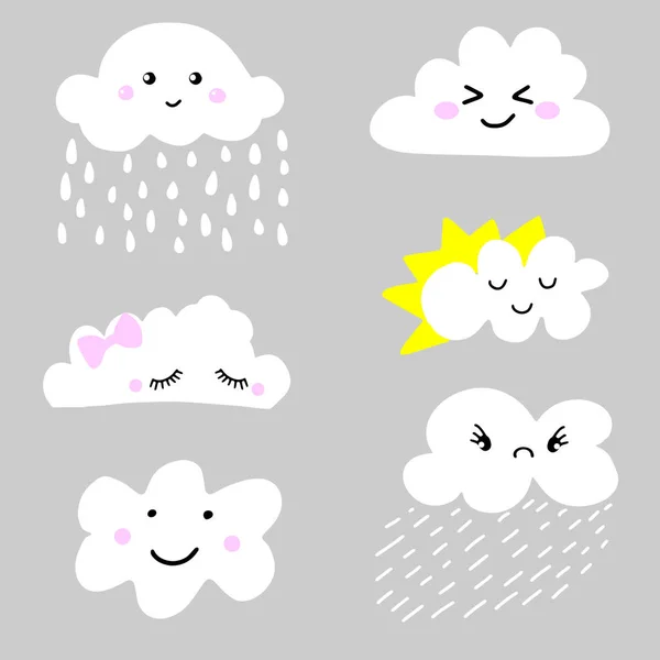 Lindo y adorable dibujos animados tiempo nubes icono conjunto — Vector de stock