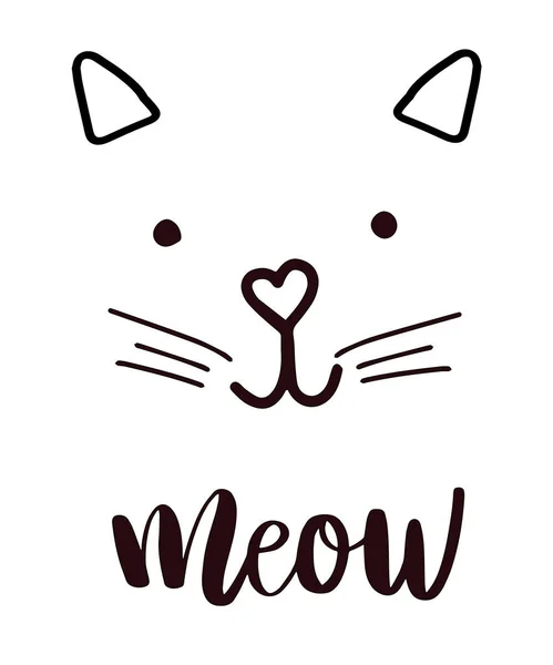 Cabeza gato silueta negro icono, letras meow bigotes vector . — Vector de stock