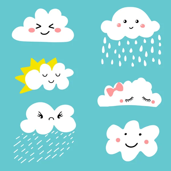 Słodkie i urocze kreskówka pogody chmury zestaw ikon — Wektor stockowy