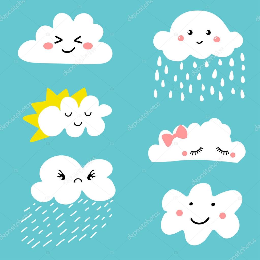 Cute and adorable cartoon weather clouds icon set