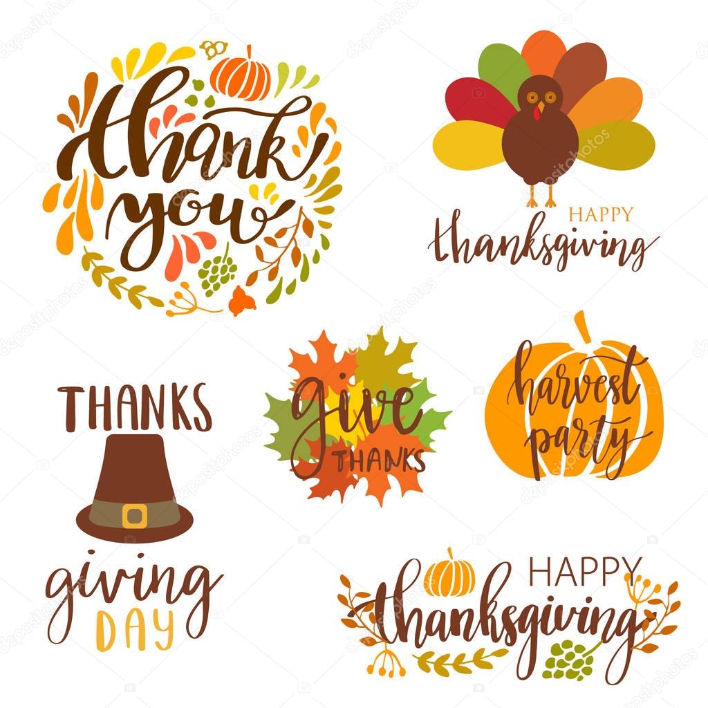 Vector collection of autumn elements and typography lattering phrases. Thanksgiving day set elements: turkey, pumpkin, pilgrim hat, autumn leaves