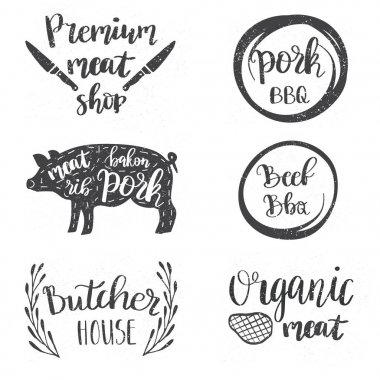 Dizi vintage retro rozet, etiket, et deposu, charcuterie, şarküteri Dükkanı, kasaplık Pazar için logo tasarım şablonları
