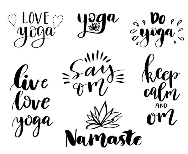 Vector set of hand lettering inscriptions about yoga. Can be used for posters, banners, print, card, logo — Stock Vector