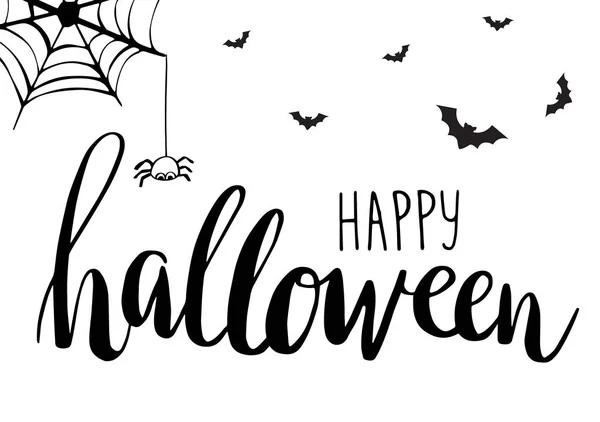 Carte d'Halloween. Mignonnes araignées, chauves-souris et Web sur fond blanc avec texte Joyeux Halloween. Illustration vectorielle vacances — Image vectorielle