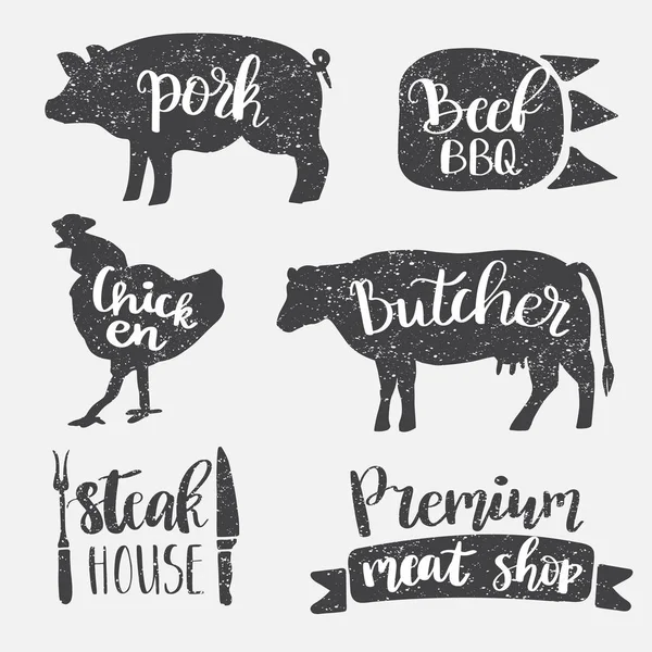 Conjunto de crachá retrô vintage, etiqueta, modelos de design de logotipo para loja de carne, charcutaria, loja de deli, mercado de talho —  Vetores de Stock