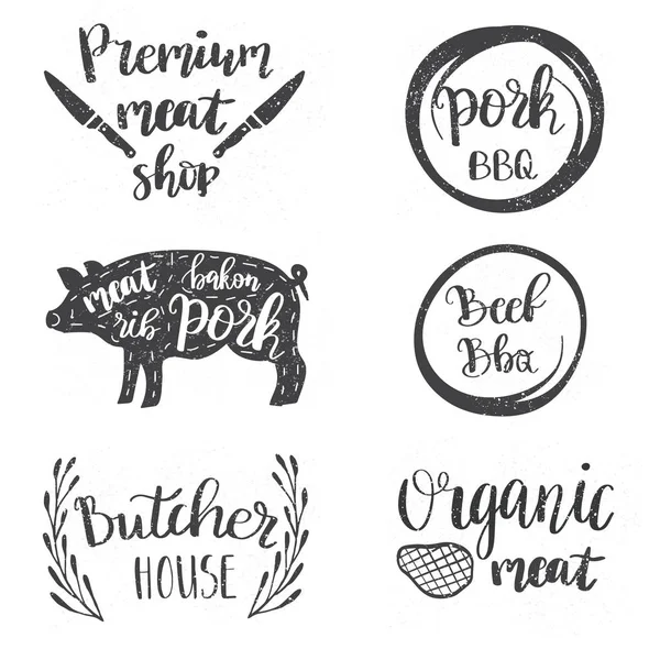 Set di distintivi vintage retrò, etichetta, logo modelli di design per negozio di carne, salumi, gastronomia, mercato di macelleria — Vettoriale Stock