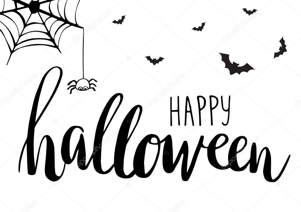 halloween card. Cute Spiders, Bats and Web on white background with text Happy Halloween. Holiday vector illustration