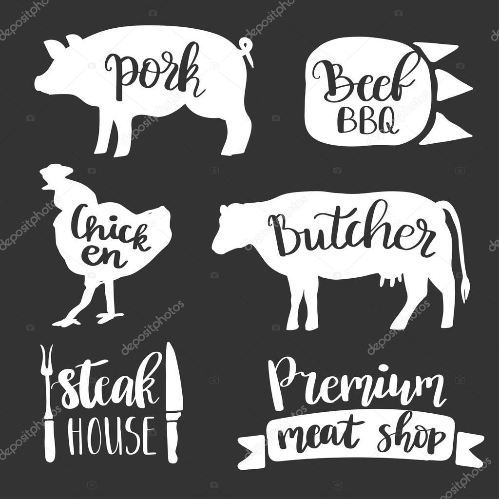 Vintage style set of retro badge, label, logo design templates for meat store, charcuterie, deli shop, butchery market, cafe or restaurant. Vector lettering design