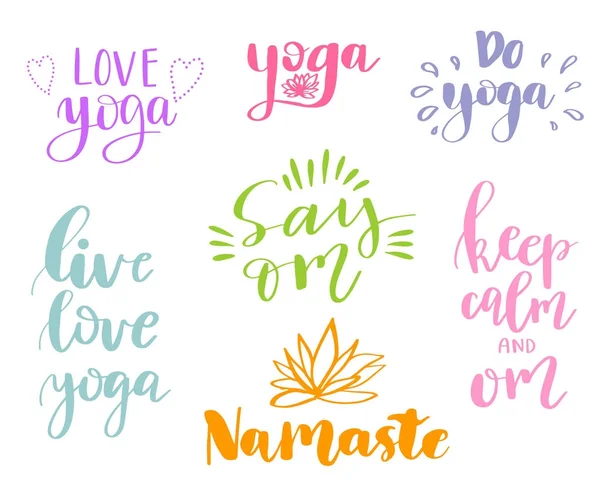 Vector set of hand lettering inscriptions about yoga. Can be used for posters, banners, print, card, logo — Stock Vector