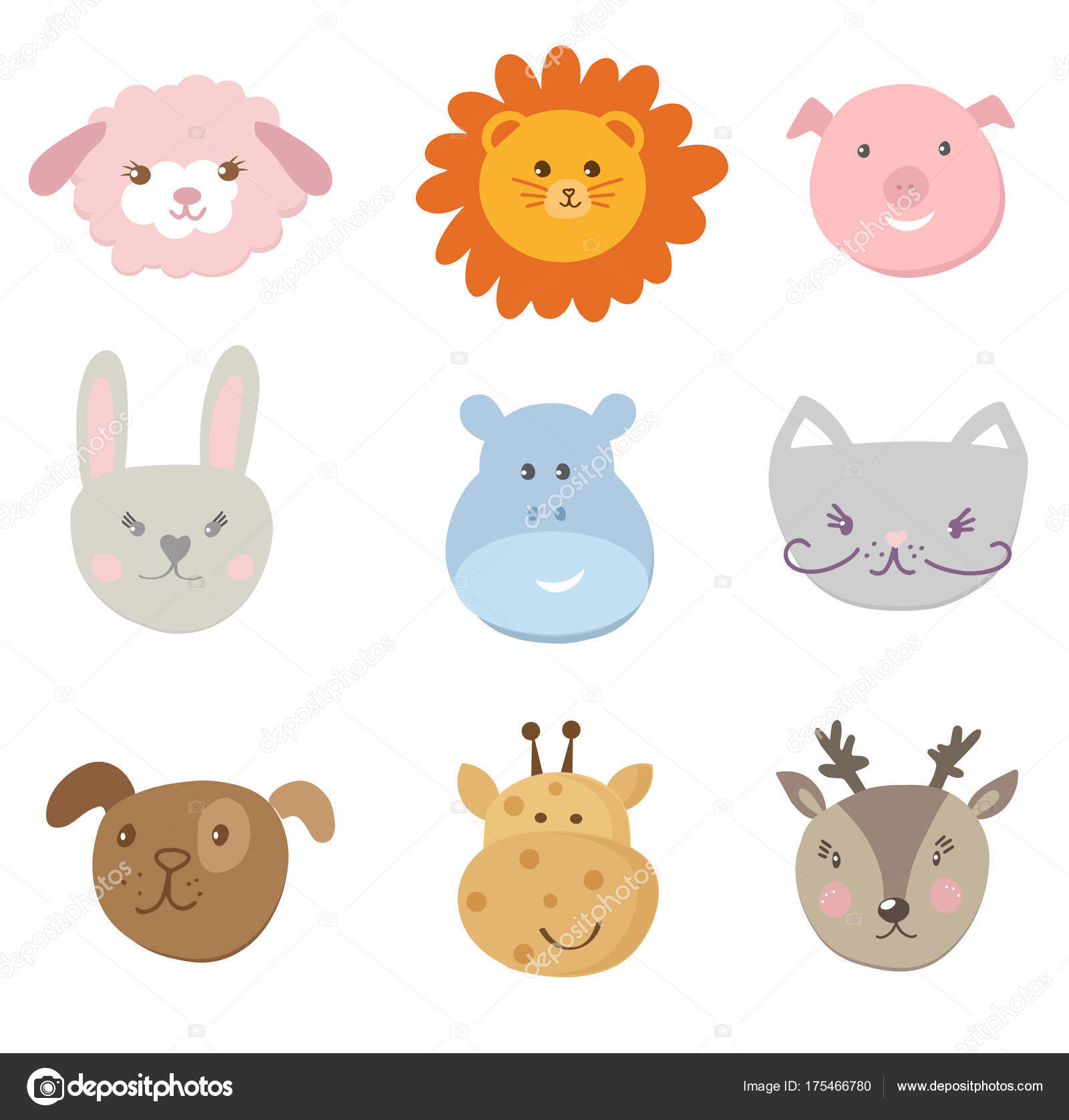 かわいい顔の動物のコレクション — ストックベクター © mcherevan #175466780