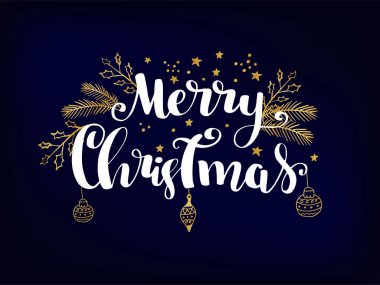 Basit Noel kartı - karanlık, mavi arka plan ile altın folyo yıldız ve el yazısı harfleri