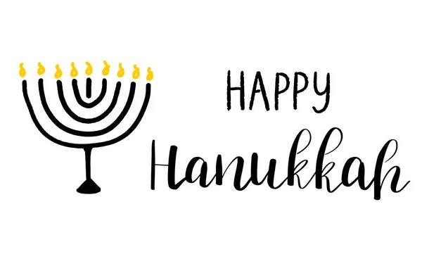 Tarjeta Hanukkah feliz con texto de letras y menorah con 9 velas sobre fondo blanco . — Archivo Imágenes Vectoriales