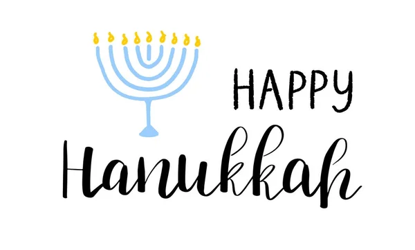 Tarjeta Hanukkah feliz con texto de letras y menorah con 9 velas sobre fondo blanco . — Archivo Imágenes Vectoriales