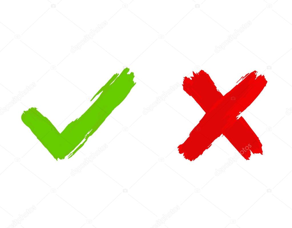 Tick and cross icons, yes no symbols green an red. Vector illustration