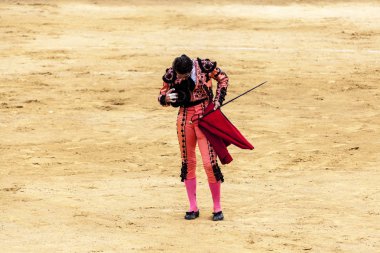 Öfkeli boğa Boğa güreşçisi saldırır. İspanya 2017 07.25.2017. Vinaros anıtsal Corrida de toros. İspanyol boğa güreşi.