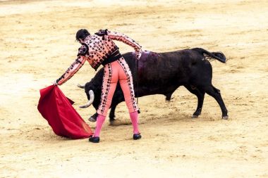 Boğa ve adam Savaşı. Öfkeli boğa Boğa güreşçisi saldırır. İspanya 2017 07.25.2017. Vinaros anıtsal Corrida de toros. İspanyol boğa güreşi.