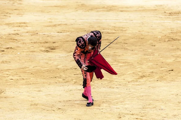 Öfkeli boğa Boğa güreşçisi saldırır. İspanya 2017 07.25.2017. Vinaros anıtsal Corrida de toros. İspanyol boğa güreşi.