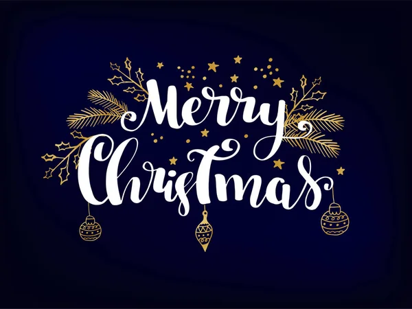 Απλή κάρτα Χριστουγέννων - σκούρο μπλε φόντο με χρυσό foil αστέρια και χειρόγραφες επιστολές — Διανυσματικό Αρχείο