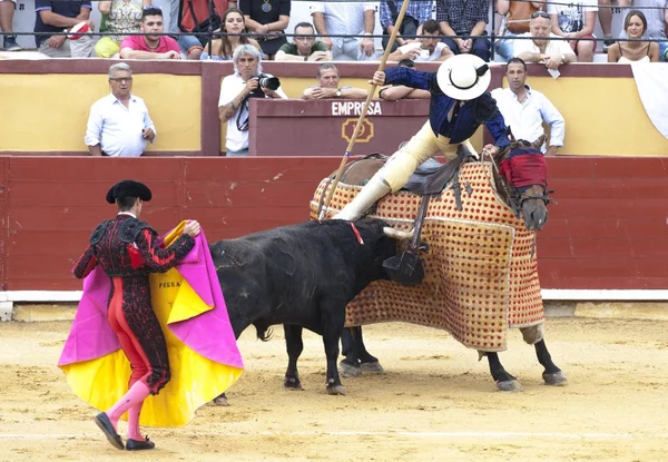 Spanska tjurfäktningen. Picador spjut på en häst. Rasande tjuren angriper tjurfäktaren. Spanien 2017 07.25.2017. Vinaros monumentala Corrida de toros. Juan Jose Padilla. — Stockfoto