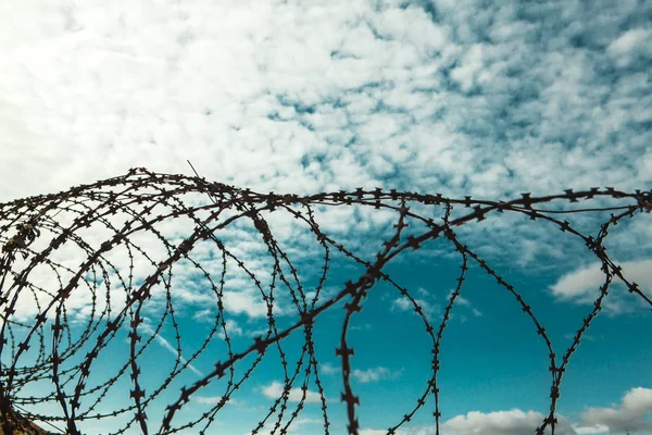 Barbed wire. Barbed wire on blue sky background with white clouds. Wire boom. Military conflict . Syria. — Stock Photo, Image