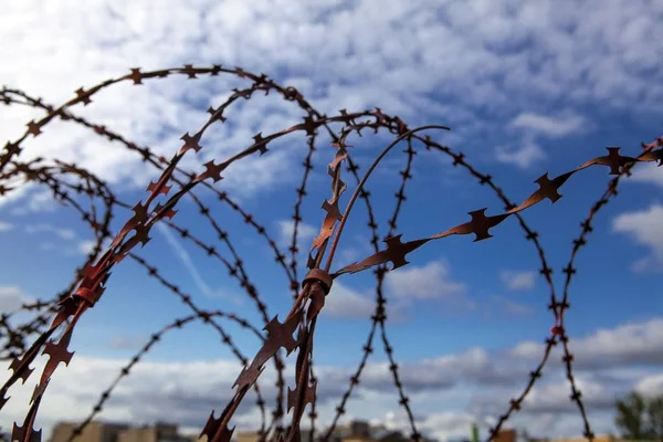 Prison. Barbed wire. Barbed wire on blue sky background with white clouds. Wire boom. Military conflict . Syria.
