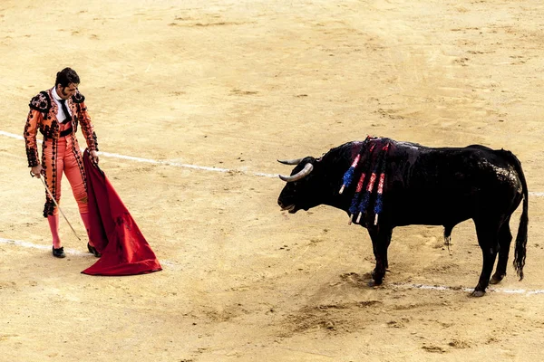 De laatste slag van de stier. De strijd van een stier en stierenvechter. Spaans stierengevecht. Corrida de toros. — Stockfoto