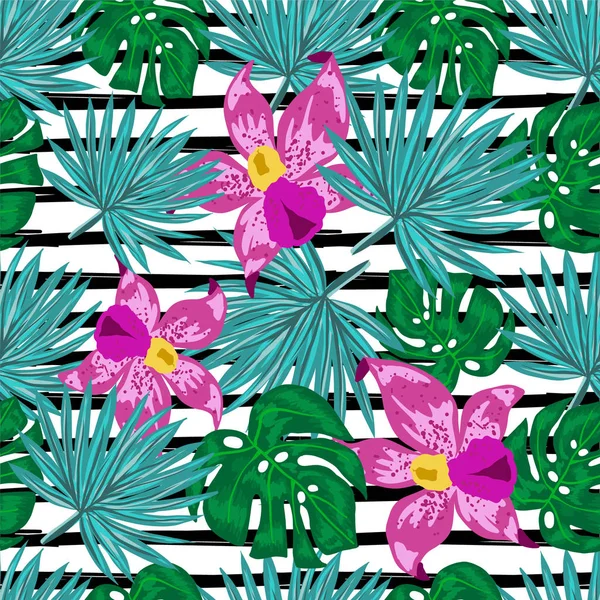 熱帯の花とシームレスなパターン — ストックベクタ