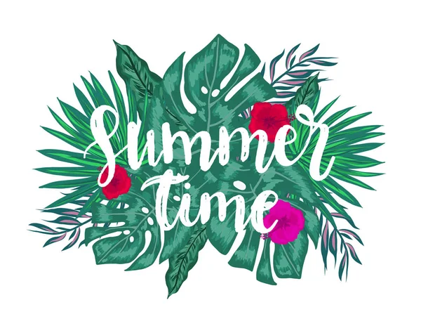 Affiche d'été avec feuille de palmier tropicale et lettrage manuscrit. Illustration vectorielle EPS10 — Image vectorielle