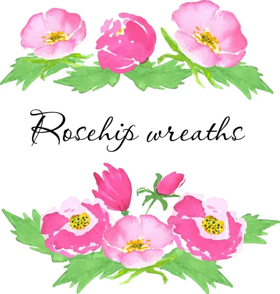 Ακουαρέλα λουλούδια διάνυσμα. Το χέρι συντάσσονται άγριο τριαντάφυλλο, φύλλα, μπουμπούκια και μούρο συμμετρικό στεφάνι για το ρομαντικό υπόβαθρο, κάρτα ή διακόσμηση — Διανυσματικό Αρχείο
