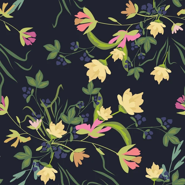Nahtloses Muster mit kleinen Blüten auf dunklem Hintergrund — Stockvektor