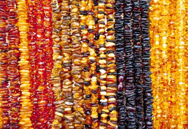 Succinite. Amber kolye. Amber farklı renkleri ve boyutları.