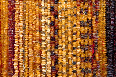 Succinite. Amber kolye. Amber farklı renkleri ve boyutları.