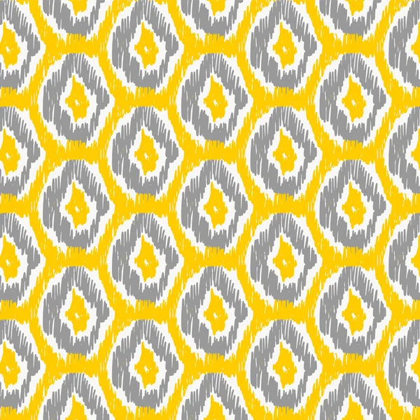 Nahtloses Ikat-Muster in gelben und grauen Farben. Vektor Stammeshintergrund — Stockvektor