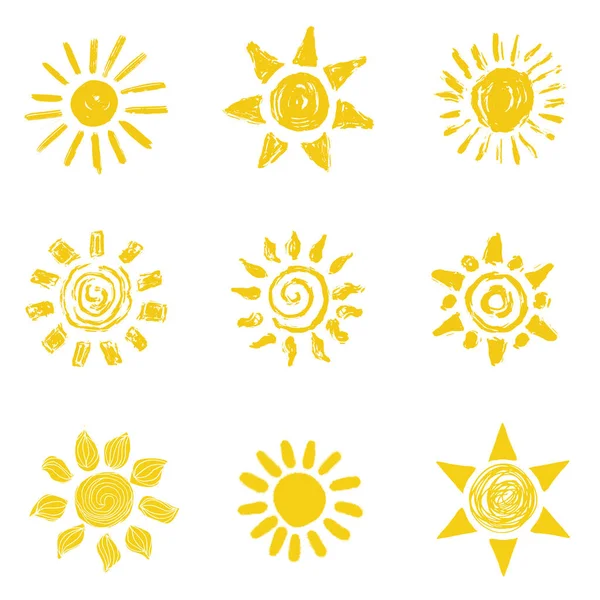 Ručně kreslenou vektorové sada různých sluncí ikony izolované na bílém. — Stockový vektor