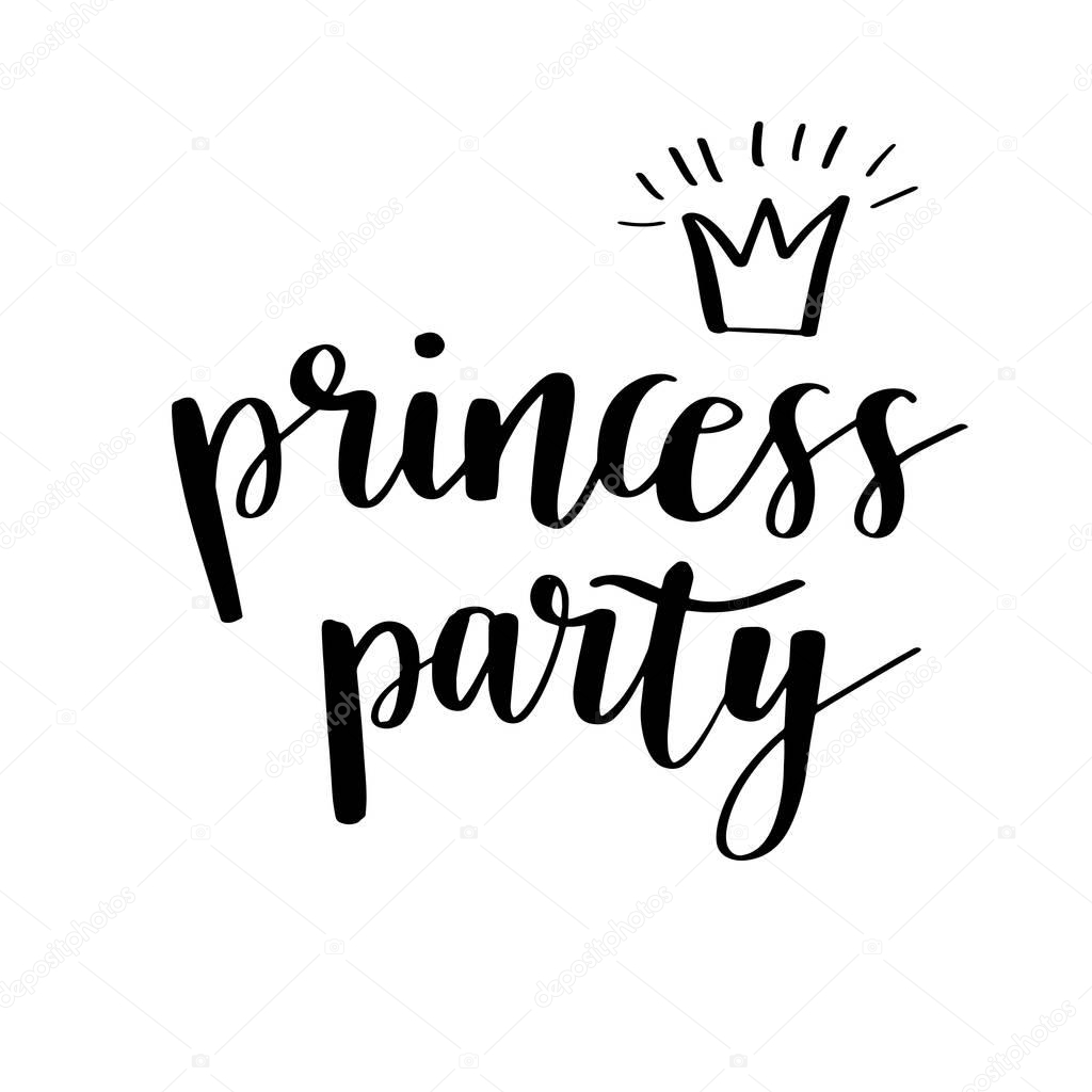 Princess Party Bridal shower card design. Birthday Girl lettering quote typography. Retro design for postcard, poster, graphics. Text with crown and cloud.