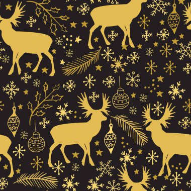 Ren geyikleri ve kar taneleriyle kusursuz kış deseni