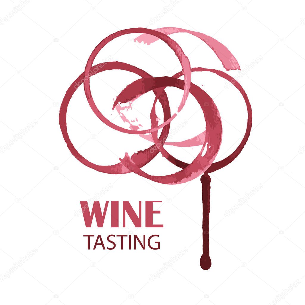 Wine tasting card design. Watercolor logo for winery or wineyard from wine stains isolated on white background.